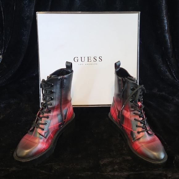 GUESS Red and Black Plaid Boots New In Box - Picture 1 of 16